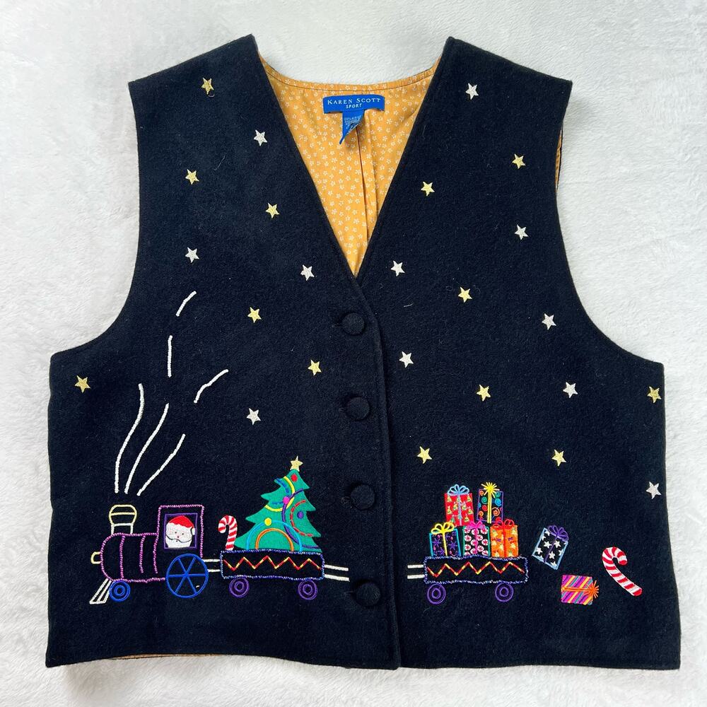 Karen Scott Sport Christmas Santa Train Holiday Vest Women's size Large